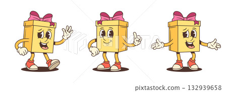 Three Welcoming Gift Box Cartoon Characters Communication Gestures Vector Set 132939658