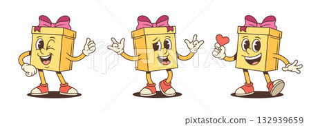 Three Expressive Gift Box Cartoon Characters With Love And Rock Gestures Vector Set 132939659