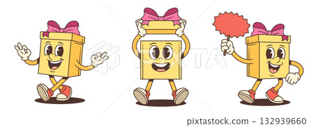 Three Playful Gift Box Cartoon Characters With OK Sign And Tag Vector Set 132939660