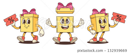Three Festive Gift Box Cartoon Characters Holding Discount Coupons Vector Set Three Festive Gift Box Cartoon Characters Holding Discount Coupons Vector Set 132939669