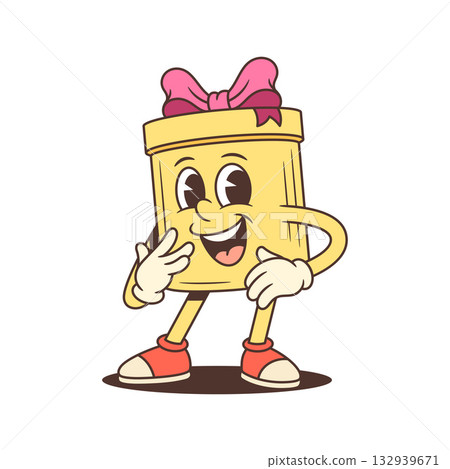 Cheerful Cartoon Gift Box Character Vector Illustration Mascot With Pink Bow Cheerful Cartoon Gift Box Character Vector Illustration Mascot With Pink Bow 132939671
