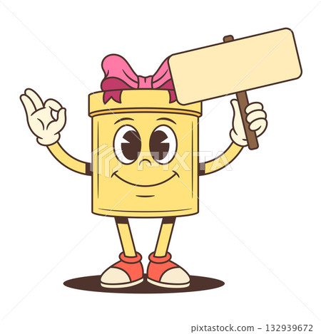 Happy Cartoon Gift Box Character Giving OK Sign And Holding Blank Plaque Vector Illustration Happy Cartoon Gift Box Character Giving OK Sign And Holding Blank Plaque Vector Illustration 132939672