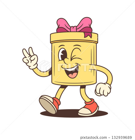 Cheerful Cartoon Animated Gift Box Character Showing Victory Sign Vector Illustration 132939689