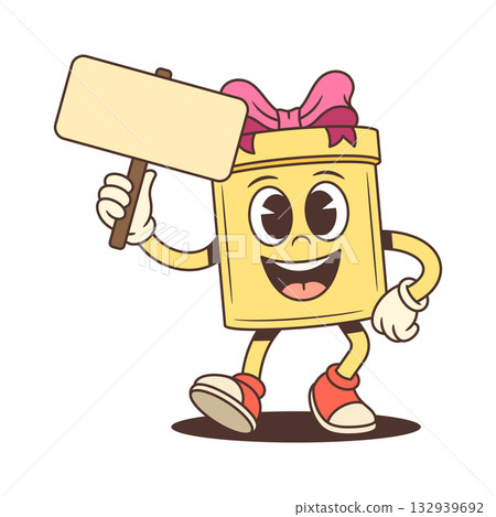 Cheerful Cartoon Gift Box Character Holding Blank Sign And Smiling Vector Illustration 132939692