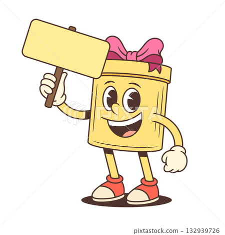 Cheerful Cartoon Yellow Gift Box Character Holding Blank Sign Vector Illustration Cheerful Cartoon Yellow Gift Box Character Holding Blank Sign Vector Illustration 132939726