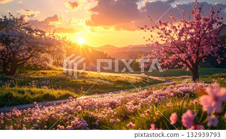 Burning sunset sky over an orange autumn forest fire landscape 132939793