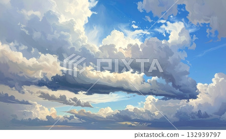 Bright summer day cloudscape with fluffy white cumulus clouds over blue mountains and clear sky Bright summer day cloudscape with fluffy white cumulus clouds over blue mountains and clear sky 132939797