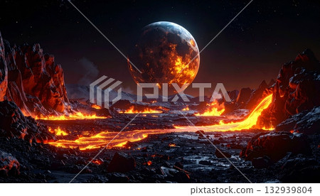 Burning global planet sphere in sunset sky with atmospheric light and fire warming 132939804