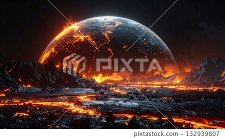 Burning global planet sphere in sunset sky with atmospheric light and fire warming 132939807