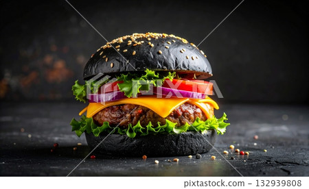 Tasty cheeseburger with beef, lettuce, and tomato on a sesame bun, isolated on a black background 132939808