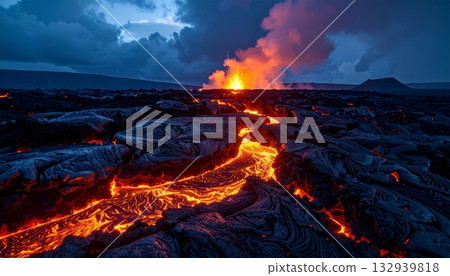 Mountain forest blaze with red-orange flames, wood burning hot at night 132939818