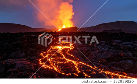 Mountain forest blaze with red-orange flames, wood burning hot at night Mountain forest blaze with red-orange flames, wood burning hot at night 132939820