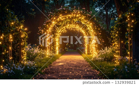 Ancient stone archway entrance to a historic European castle with a path leading through a medieval wall Ancient stone archway entrance to a historic European castle with a path leading through a medieval wall 132939821