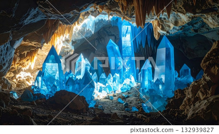 Blue and yellow light illuminates the dark stone landscape of a natural rock cave in the mountains of China, featuring underground water and geology Blue and yellow light illuminates the dark stone landscape of a natural rock cave in the mountains of China, featuring underground water and geology 132939827