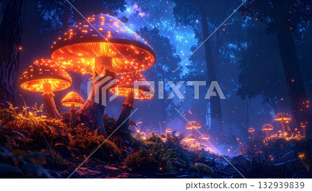 Orange flames from the hot campfire light up the dark night sky in the forest landscape Orange flames from the hot campfire light up the dark night sky in the forest landscape 132939839