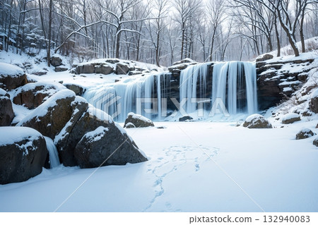 冬季瀑布和冰雕的優美自然風光 132940083