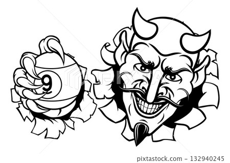 Devil and 9 Ball Nine Ball Pool Cartoon Mascot Devil and 9 Ball Nine Ball Pool Cartoon Mascot 132940245