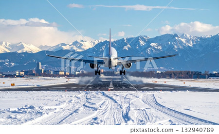 Austrian Alps ski resort winter landscape with snow-covered peaks, chairlift, and bright blue sky 132940789