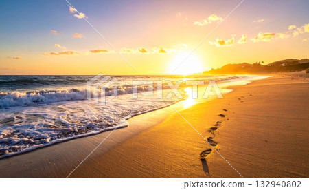 Summer sunset sky reflects on the ocean waves, sand, and coast landscape during a beautiful evening travel dusk 132940802
