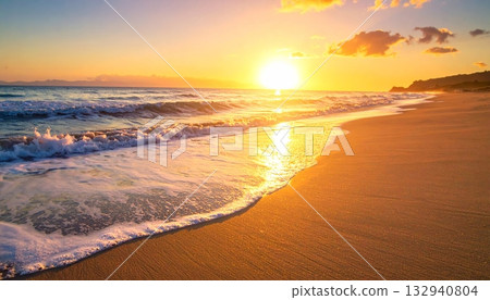 Summer sunset sky reflects on the ocean waves, sand, and coast landscape during a beautiful evening travel dusk Summer sunset sky reflects on the ocean waves, sand, and coast landscape during a beautiful evening travel dusk 132940804