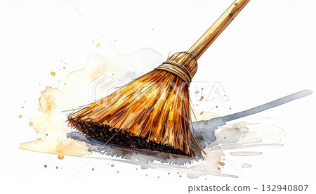 Cleaning wooden floor with straw broom and shovel on a wood background Cleaning wooden floor with straw broom and shovel on a wood background 132940807