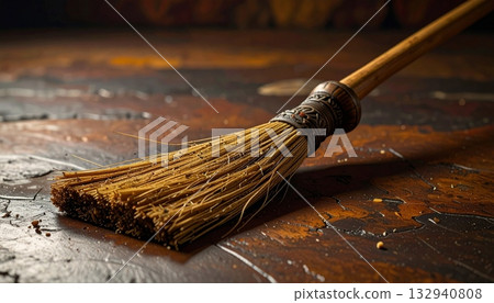 Cleaning wooden floor with straw broom and shovel on a wood background Cleaning wooden floor with straw broom and shovel on a wood background 132940808