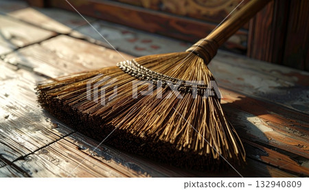 Cleaning wooden floor with straw broom and shovel on a wood background 132940809