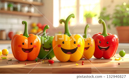 Autumn kitchen table decoration with fresh vegetables, pumpkins, and ripe red peppers 132940827