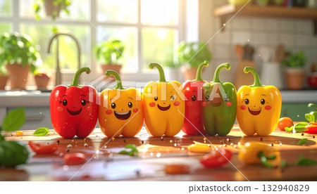 Autumn kitchen table decoration with fresh vegetables, pumpkins, and ripe red peppers Autumn kitchen table decoration with fresh vegetables, pumpkins, and ripe red peppers 132940829