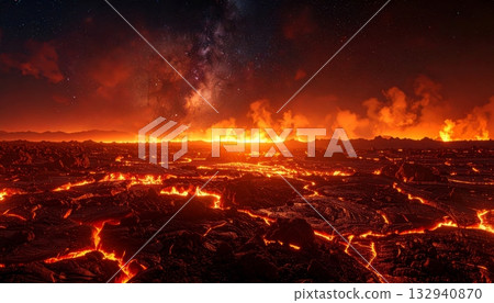 Fiery sunset flames illuminate the dark forest smoke and glowing orange-red sky with abstract burning heat energy 132940870