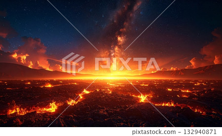 Fiery sunset flames illuminate the dark forest smoke and glowing orange-red sky with abstract burning heat energy 132940871
