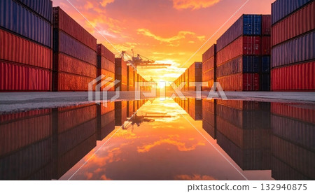 Blue and orange industrial sunset with stacked cargo containers and cranes by the river in the city port Blue and orange industrial sunset with stacked cargo containers and cranes by the river in the city port 132940875