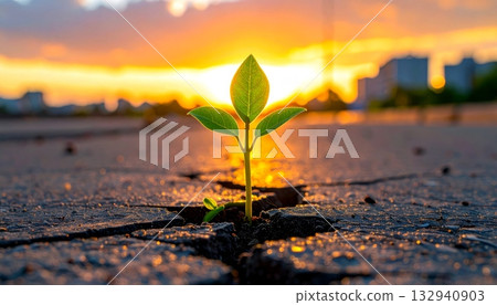 Vibrant green life sprouts from the earth as new leaves unfurl in a sunny city park garden 132940903