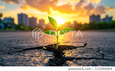 Vibrant green life sprouts from the earth as new leaves unfurl in a sunny city park garden 132940904