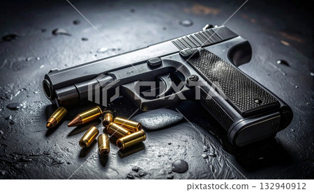 Black pistol handgun and 9mm bullets on a white background for military, police, or crime themes 132940912