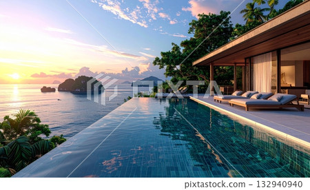 Tropical resort swimming pool architecture at night and sunset with palm trees overlooking the ocean and beach landscape 132940940