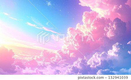 Beautiful blue sky day with white clouds and stunning sun rays 132941039