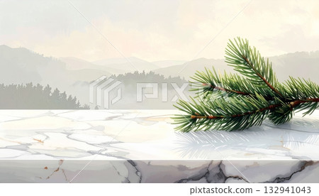 A festive Christmas fir tree covered in snow and frost, showing pine branches and green nature during the cold winter holiday season 132941043