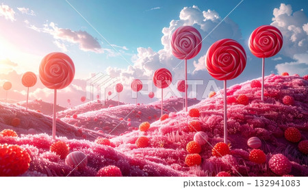 Pink tulip spring landscape with a colorful lollipop swirl stick of delicious sugar candy Pink tulip spring landscape with a colorful lollipop swirl stick of delicious sugar candy 132941083