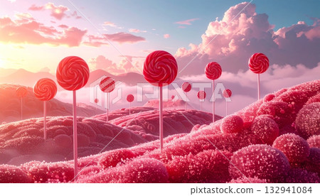 Pink tulip spring landscape with a colorful lollipop swirl stick of delicious sugar candy Pink tulip spring landscape with a colorful lollipop swirl stick of delicious sugar candy 132941084