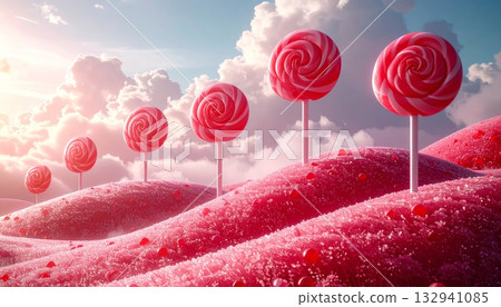 Pink tulip spring landscape with a colorful lollipop swirl stick of delicious sugar candy Pink tulip spring landscape with a colorful lollipop swirl stick of delicious sugar candy 132941085