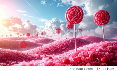 Pink tulip spring landscape with a colorful lollipop swirl stick of delicious sugar candy Pink tulip spring landscape with a colorful lollipop swirl stick of delicious sugar candy 132941086