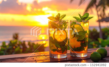 Refreshing summer mojito cocktail with lime, mint, and ice in a glass on a white sand beach Refreshing summer mojito cocktail with lime, mint, and ice in a glass on a white sand beach 132941092