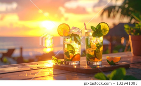 Refreshing summer mojito cocktail with lime, mint, and ice in a glass on a white sand beach Refreshing summer mojito cocktail with lime, mint, and ice in a glass on a white sand beach 132941093
