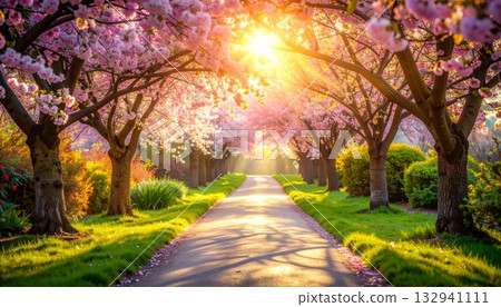 Autumn park landscape with scenic path under a canopy of yellow and green foliage 132941111