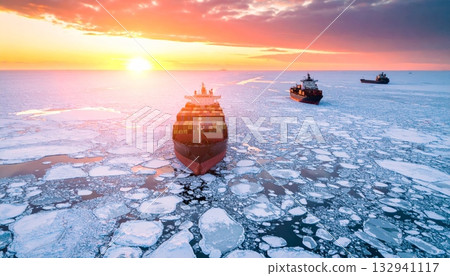 Nautical fishing vessels sail the ocean near the coast for commercial transport and summer industry, under the marine sky 132941117