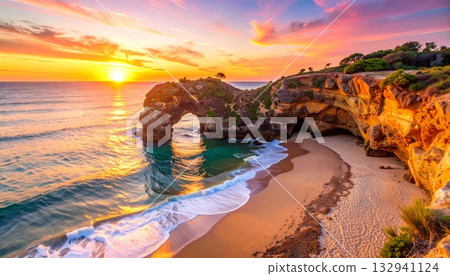 Beautiful summer nature view of sunset over the river and sea landscape with a golden sky and coastal rocks Beautiful summer nature view of sunset over the river and sea landscape with a golden sky and coastal rocks 132941124