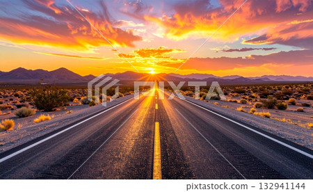 Empty desert highway stretches toward the fiery sunset horizon, symbolizing freedom and the long journey ahead beneath the vibrant sky Empty desert highway stretches toward the fiery sunset horizon, symbolizing freedom and the long journey ahead beneath the vibrant sky 132941144