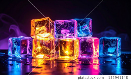 Shiny transparent ice cubes reflecting blue light on a dark background Shiny transparent ice cubes reflecting blue light on a dark background 132941148