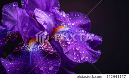 Close-up macro of a vibrant purple iris flower blossom in a spring garden Close-up macro of a vibrant purple iris flower blossom in a spring garden 132941157